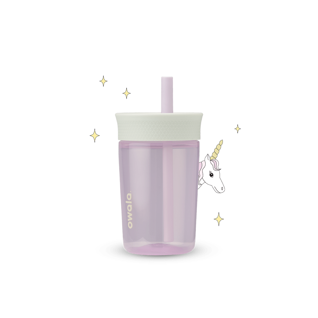 Full profile shot of the 15oz Plastic Tumbler 'Unicorn,' with a unicorn peeking its head from behind.